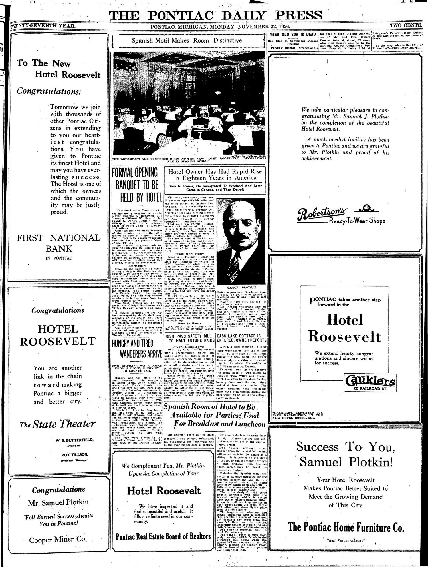 Hotel Roosevelt - Nov 22 1926 Article (newer photo)